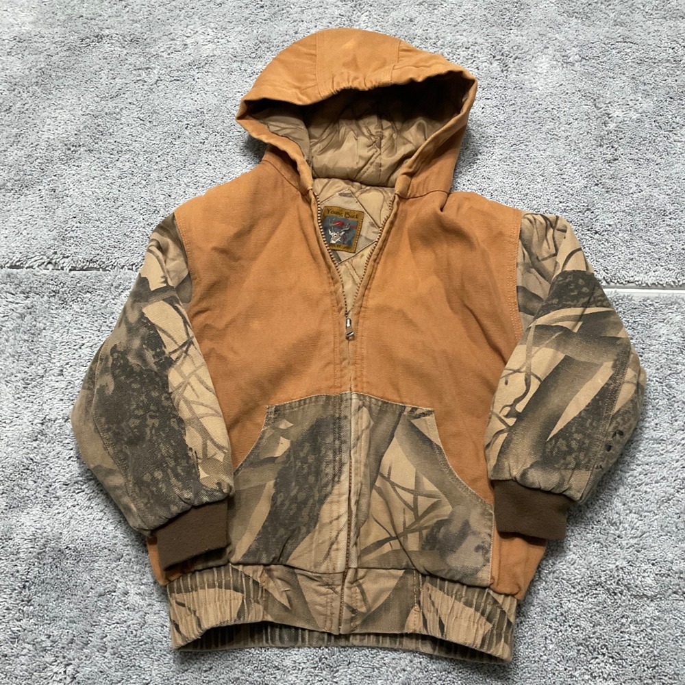 Young Buck Boys Brown Camo Canvas Hooded Quilted Lined Jacket Size 6T